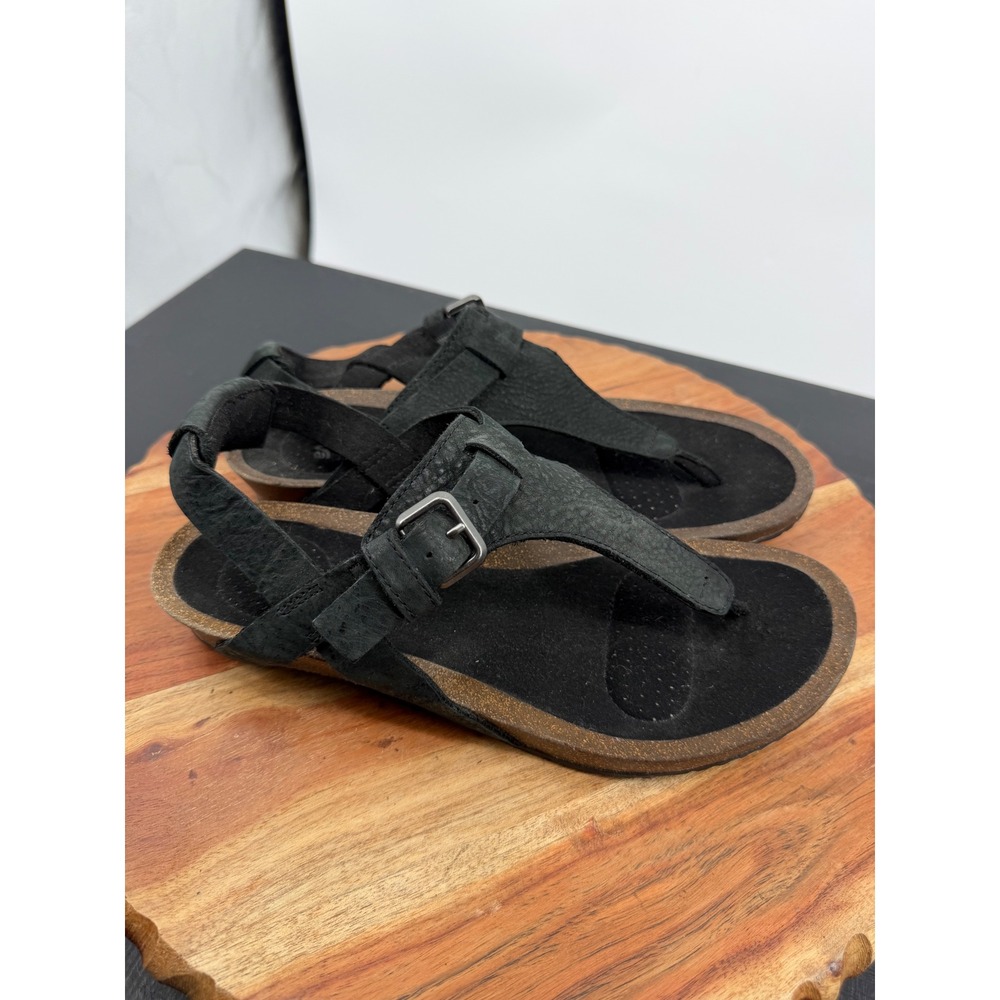 Teva Mahonia Wedge Thong Sandal Womens 8 Black Leather Cork Strappy 1116685